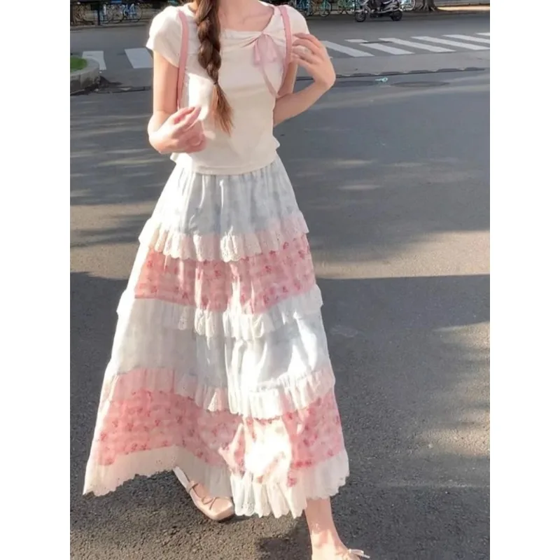 Japanese Sweet Pink Bow Print Long Skirts Women Fashion High Waist Lovely Cake Skirt Female Irregular Y2k Korean Popular Clothes