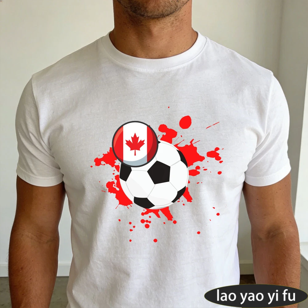 Canada Soccer Ball Flag Design Unisex T-Shirt Gift for Sports Fans Shirt Soccer Part Supplies Short Sleeve Men Casual Cotton Top