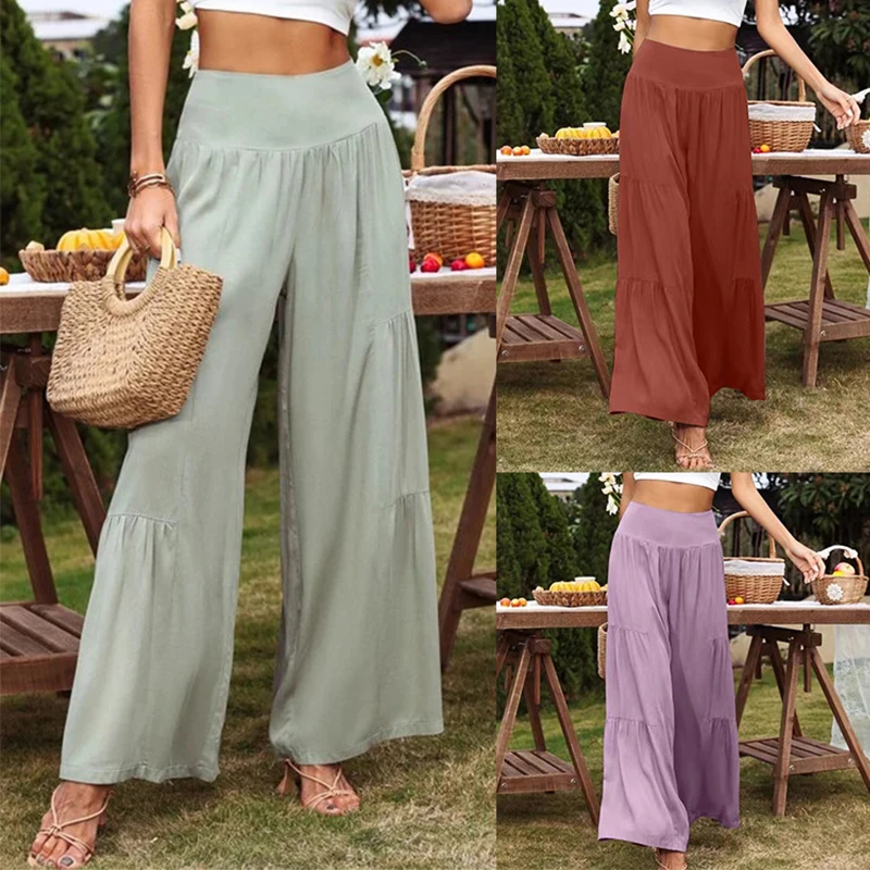 Spot 2023 European and American Summer AliExpress Casual Wide Leg Cotton Hemp Popular High Waist Loose Pants Women\'s Pants