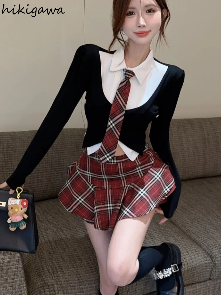 

Y2k Clothing Fashion Two Piece Sets Women Preppy Style Tunic Long Sleeve Crop Tops A-line Plaid Mini Skirt Outfits Sweet Suit