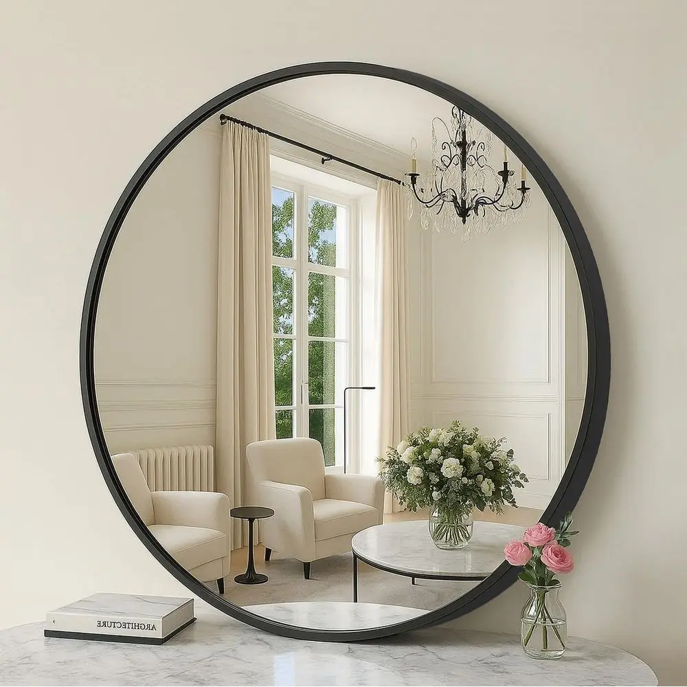 

20 Inch Black Circle Wall Mirror for Bathroom, Living Room, Bedroom, Entryway, and Hallway - Metal Frame, Sleek Design
