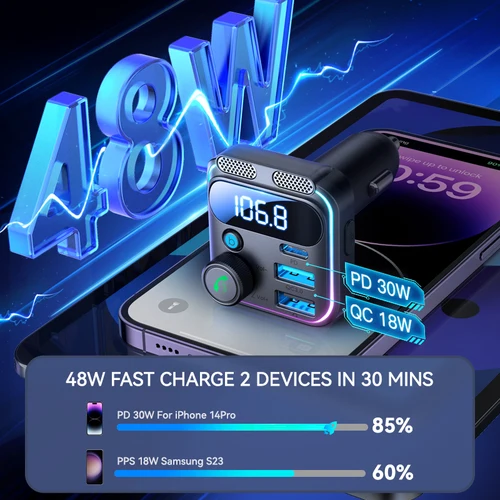 Imagen 2 del producto JOYROOM 48W Bluetooth 5,3 transmisor FM para coche micrófonos duales PD & QC 3,0 adaptador de cargador de carga rápida para coche disco U llamadas manos libres