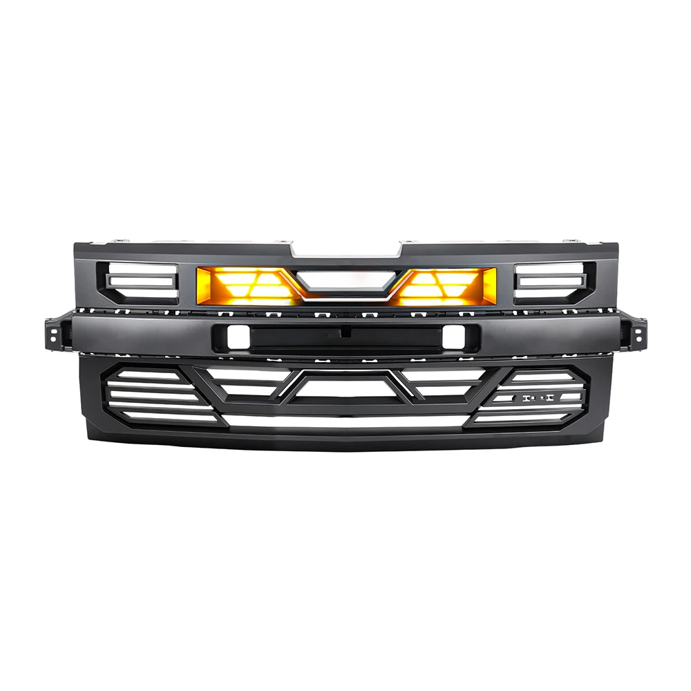 

Matte Black Front Armor Grille Bumper Grill with Emblem Hole & Amber LED Lights for 2019 2020 2021 Chevrolet Silverado 1500 WT