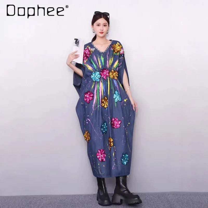 

2025 Summer New Denim Dress Loose Heavy Industry Nail Diamond V-neck Long Dress Fashionable Sequins Street Hipster Women Dress