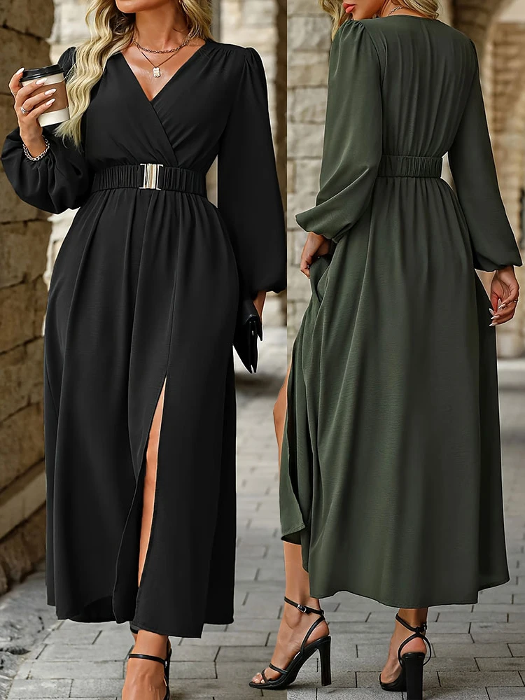 NewElegant تنحنح شق تنورة طويلة حجم كبير مثير الخامس الرقبة طويلة الأكمام ملابس النساء فساتين السهرة الأسود مع حزام فستان نحيل