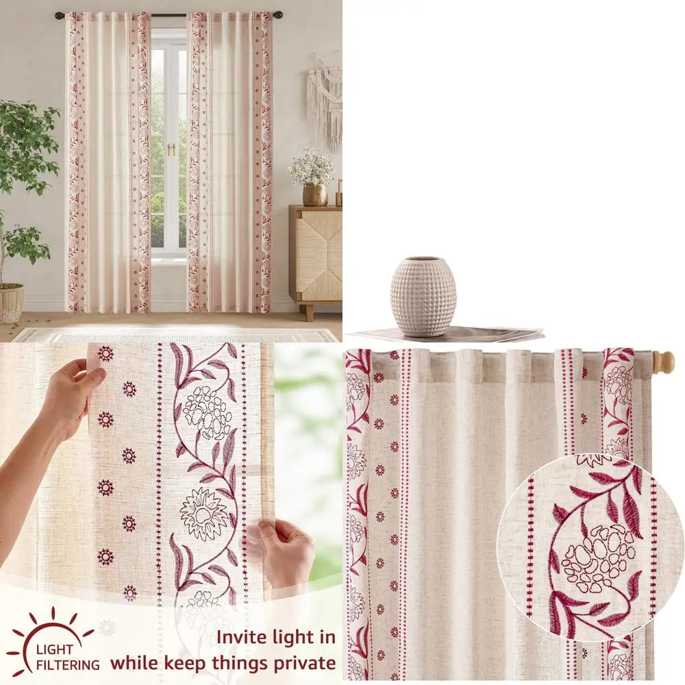 

Красные льняные шторы с цветочным узором, длина 84 дюйма, с вышитой каймой, светопропускающие, комплект из 2 панелей для спальни и гостиной