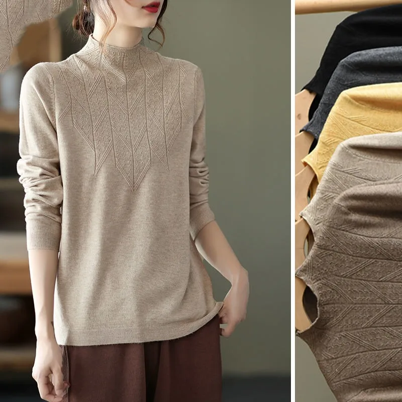 

Women's Autumn and Winter New Vintage Half High Neck Long Sleeve Screw Thread Bottom Sweater Knitted Solid Color Pullover Tops