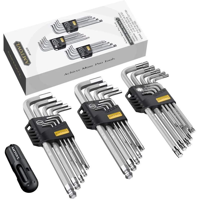 Hex Key Set - 27PCS Magnetic Allen Wrench Set, S2 Steel SAE Metric Allen Key Set Extra Long with Ball End T-Handle SAE 1/