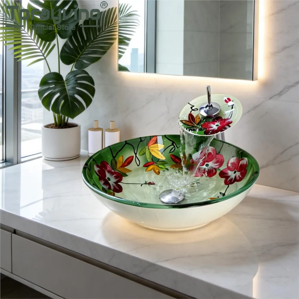 Torayvino Flower Painting Basin Bowl Countertop Wash Sink Luxury Style Tempered Glass Basin Bowl Sink Waterfall Faucet Set
