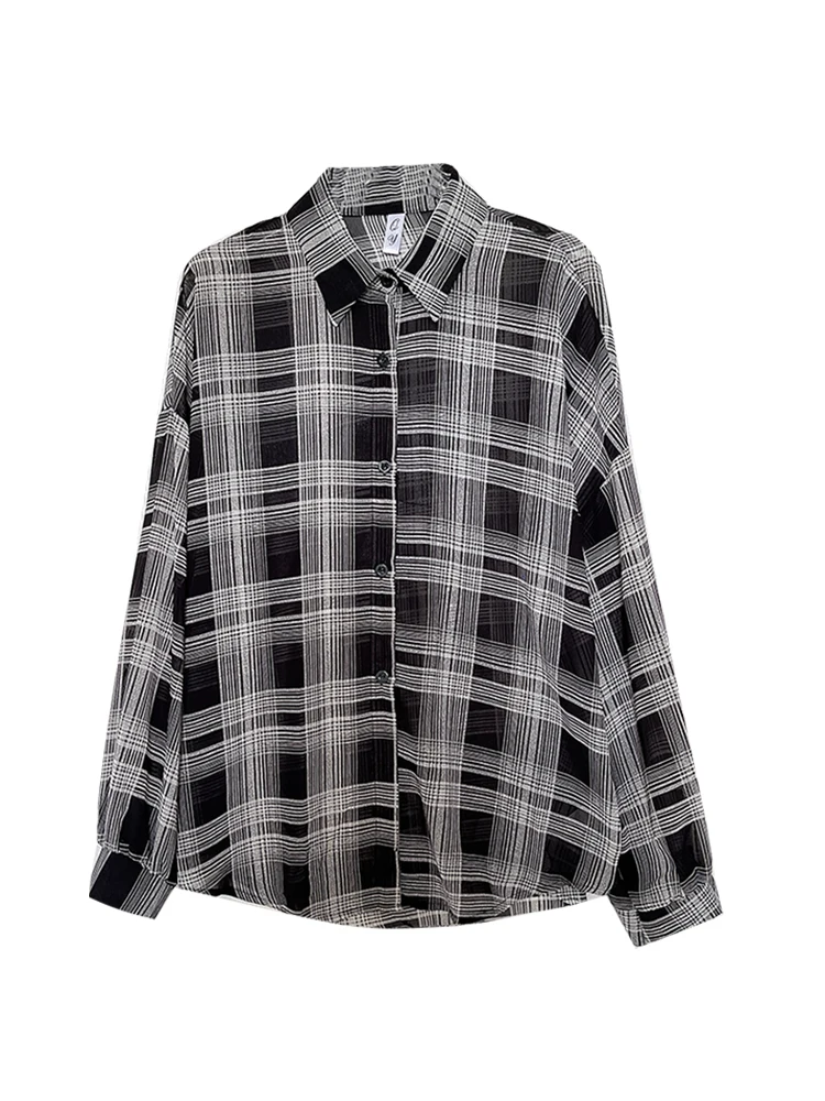 เสื้อเชิ้ตลายสก็อตผู้หญิง ผ้าชีฟองบาง แขนยาว ปกคอปก ติดกระดุม เสื้อทรงหลวมบางเบาสำหรับผู้หญิง