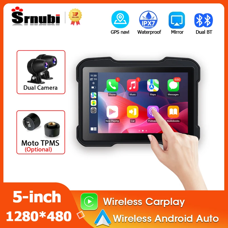 

Srnubi 5-дюймовый мотоциклетный видеорегистратор 1080P с двойной камерой, навигация, GPS, беспроводной Carplay, Android, зеркальная связь, голосовой Bluetooth с TPMS