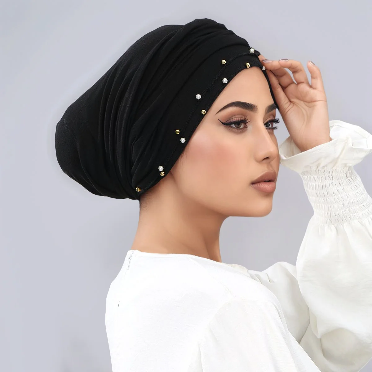 

Новый женский жемчужный декор, тюрбан, хиджаб, мусульманский Рамадан, однотонные плиссированные повязки на голову, эластичные шапочки, шляпа-хиджаб, классический платок