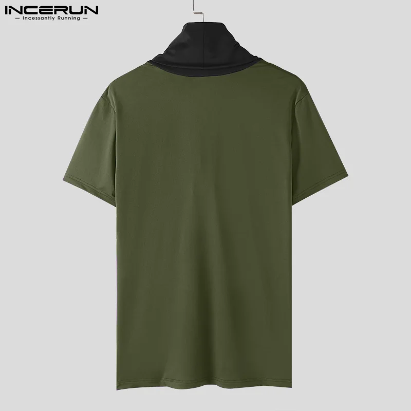 INCERUN Men T Shirt Lace Patchwork V Neck Short Sleeve Casual Camisetas Streetwear Summer 2024 Fashion Transparent Men Clothing