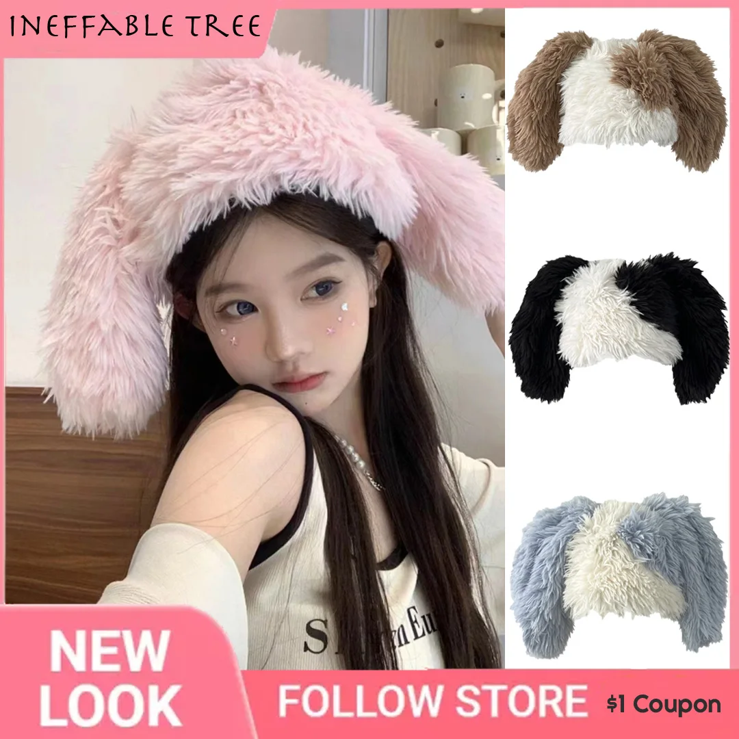 Y2K Japanese Cute Plush Big Ears Rabbit Bonnets Hats for Women Autumn Winter Ear Protection Warm Sweet Beanies Caps Gorro