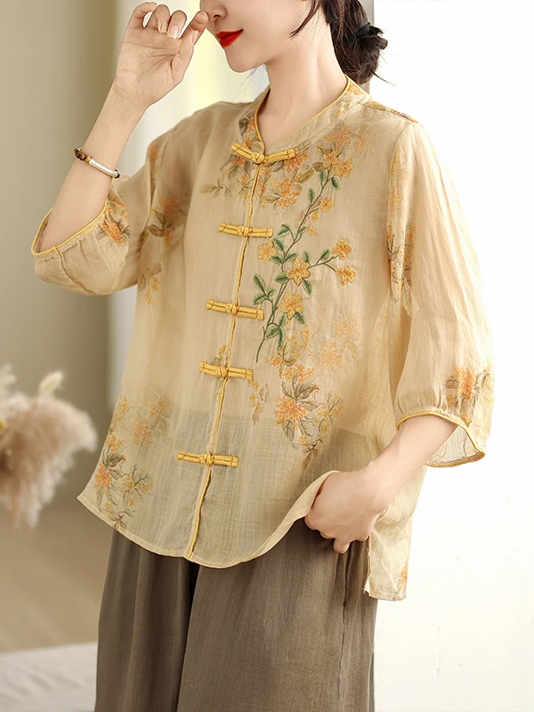 

New 2026 Cotton Linen Shirt Chinese National Style High End Mom Summer Clothes New Chinese Style Cotton Linen Shirt Sleeve Le...