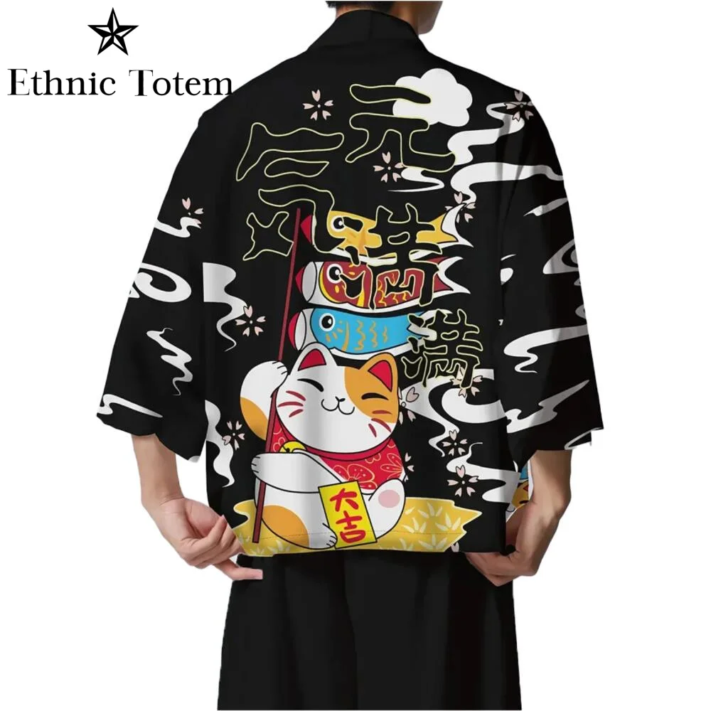 Printemps été hommes Cardigan décontracté petit haut Harajuku fleur samouraï chat imprimé japonais Kimono chemise Costume traditionnel veste