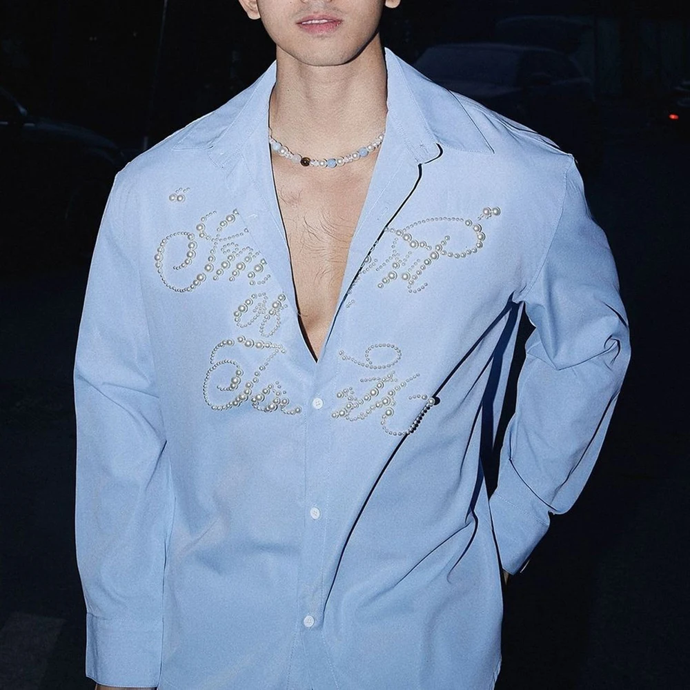 Mens Pearl Embroidered Casual Shirt Streetwear Fashion Nightclub Stage Wear Youth Niche Long Sleeve Top Men'S Clothing 2026 New