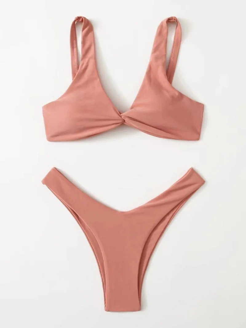 Bikini Sexy con lazo liso para mujer, traje de baño con sujetador acolchado de pierna alta, conjunto de Bikini brasileño de realce, traje de baño