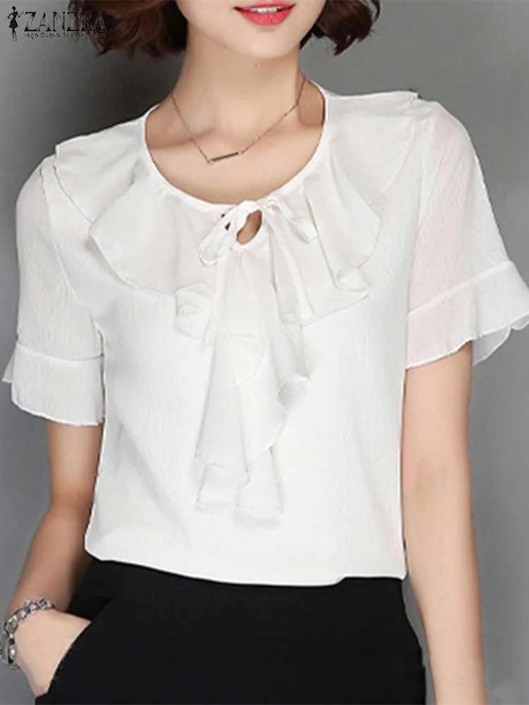 ZANZEA Casual Ruches Blouse Vrouwen Zomer Tops Vintage Lace-Up Blusas 2025 Fashion Hollow Out Effen Kleur Tuniek oversized