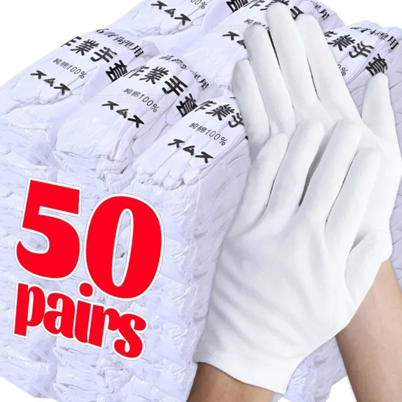 1/50 pares de guantes de trabajo de algodón suave blanco guantes de película para manipulación de manos secas guantes ceremoniales de alto estiramiento herramientas de limpieza del hogar