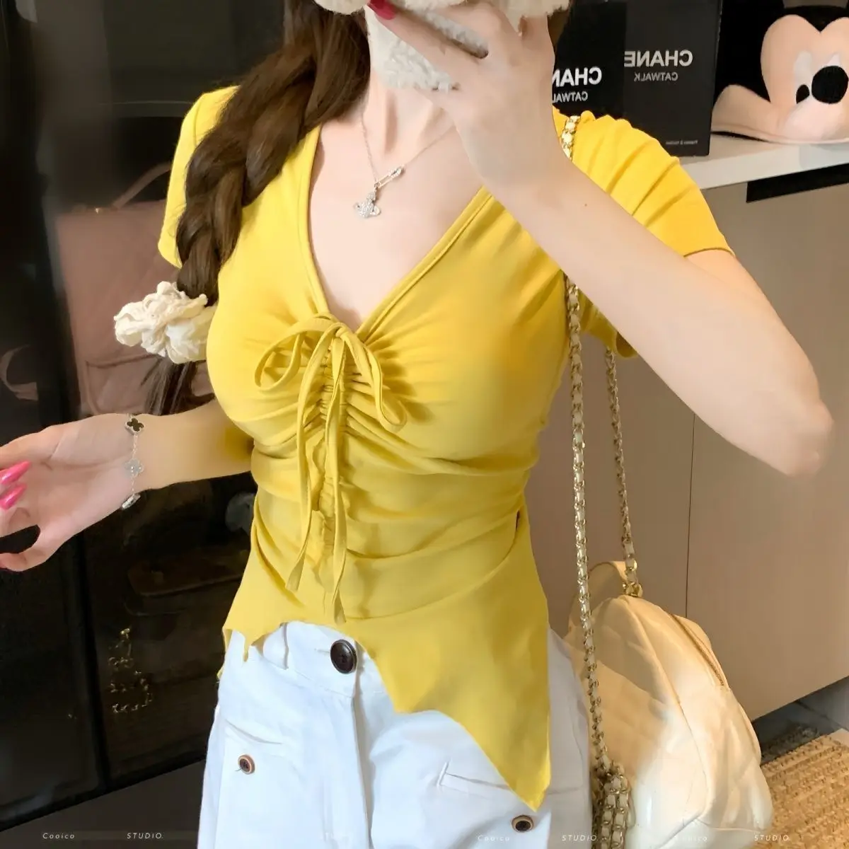 Large size women's clothing summer new solid color irregular slim and thin V-neck drawstring short-sleeved T-shirt