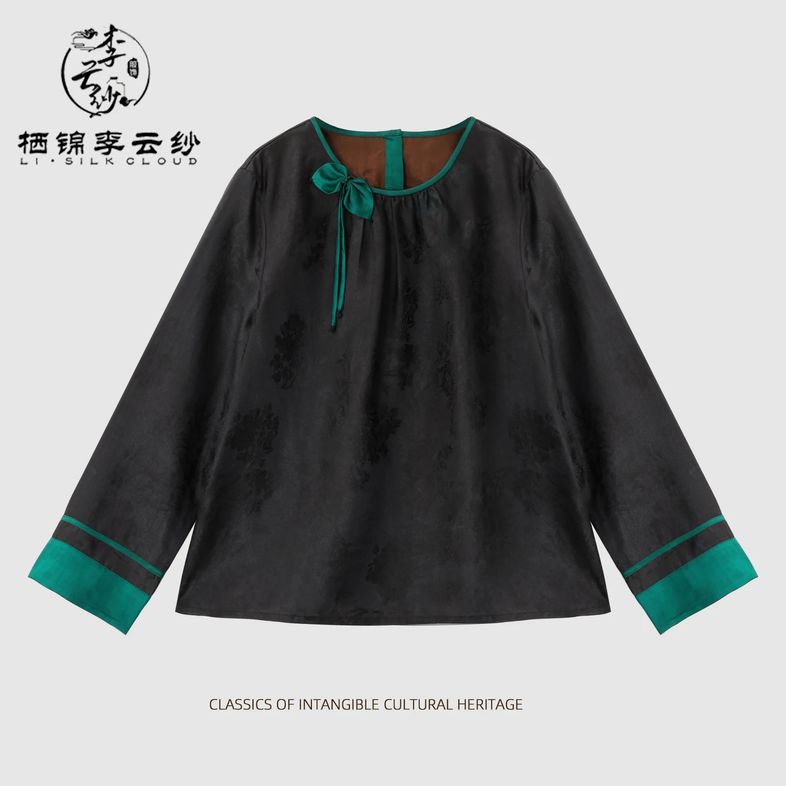 LI SILK CLOUD Xiangyunsha Top - 100% Mulberry Silk, Chinese Style Green Bowknot Silk Blouse, Traditional Craft Retro Shirt