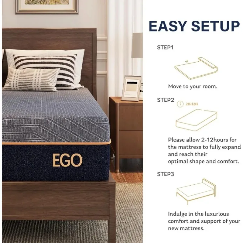 Furniture.EGO مرتبة كوين مقاس 12 بوصة، رغوة ذاكرة تبريد جل نحاسي لتخفيف آلام الظهر، سرير علاجي في صندوق، رغوة مصنوعة