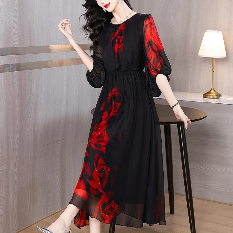 2025 Vacanza primaverile Boho Beach Hepburn Maxi abiti da donna Stampa vintage Elegante abito da sera estivo in seta di lusso