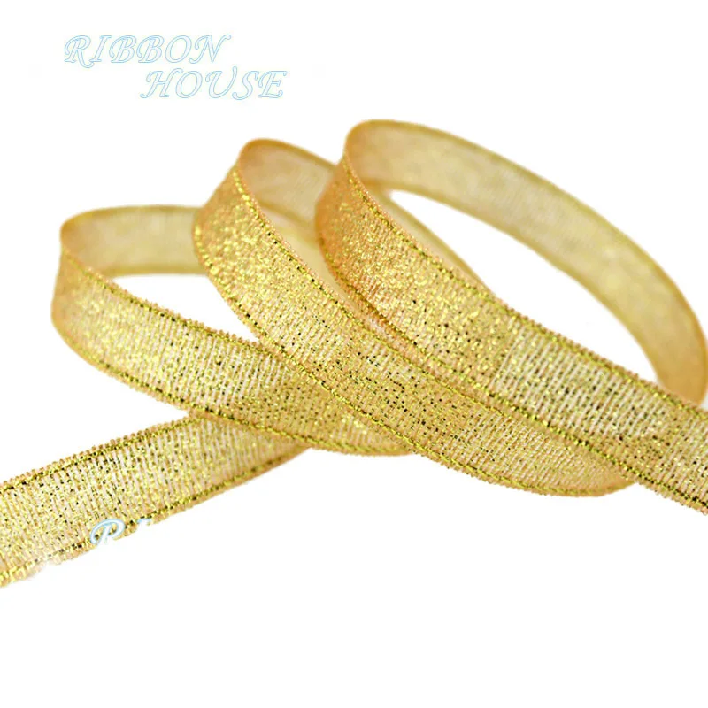 (25 yards/roll) 3/8\'\'(10mm) Golden Metallic Glitter Ribbon Colorful gift package ribbons wholesale