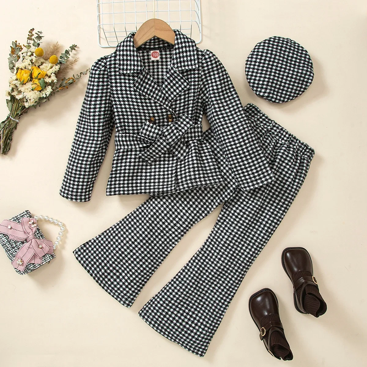 New children's suit thousand bird check girls long sleeve 3 cardigan coat beret