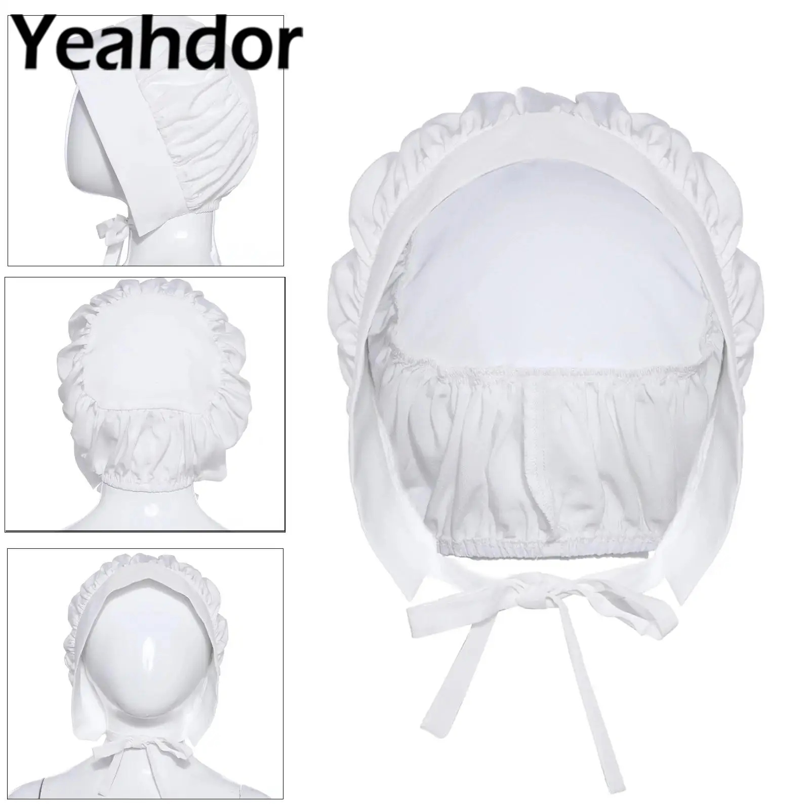 เด็กสาวชุดแม่บ้านฮาโลวีนหมวกแสวงบุญ Self-tying สายรัดคาง Bonnet อุปกรณ์เสริมสําหรับ Masquerade Carnival COSPLAY PARTY