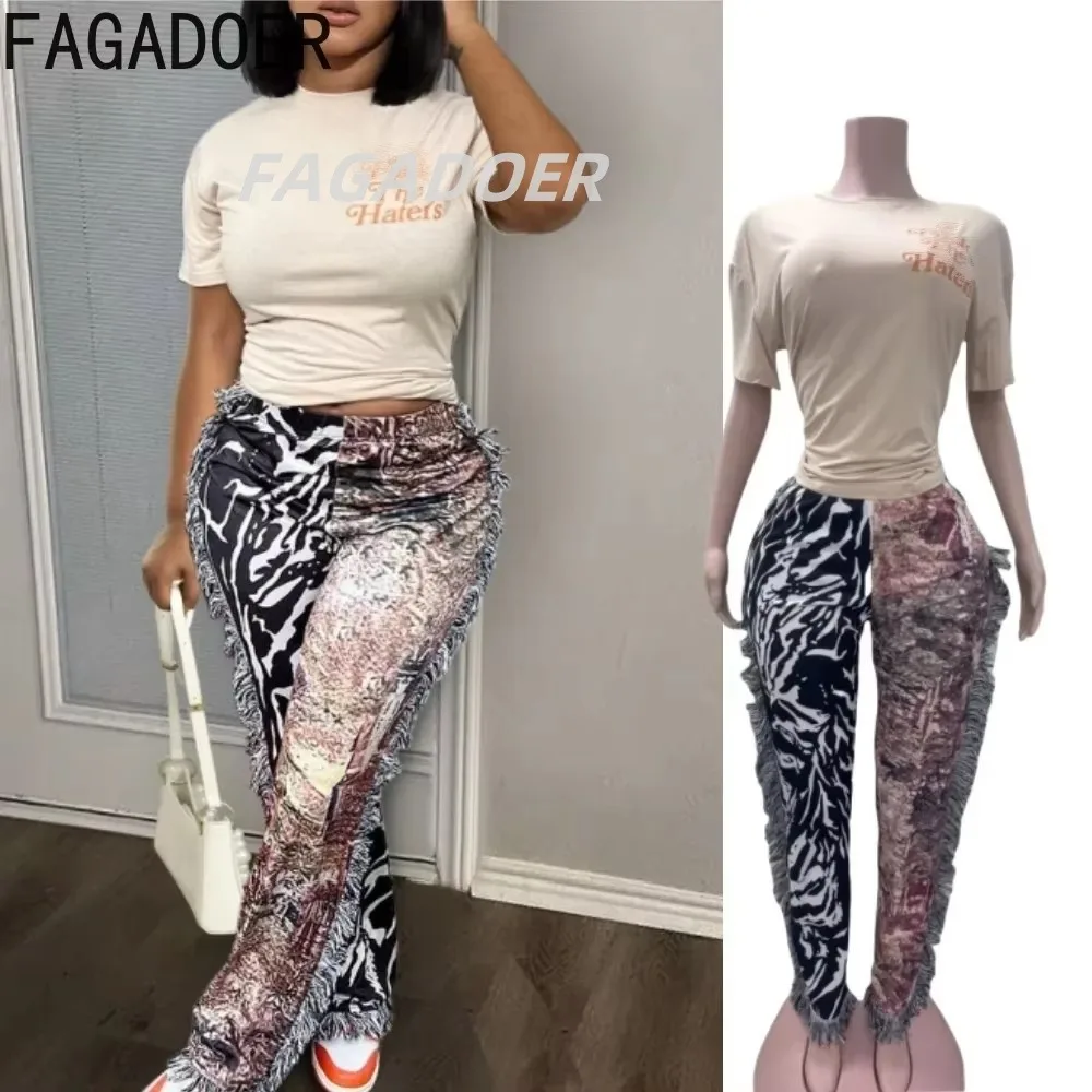 

FAGADOER INS Tassel Straight Pants Women Y2K Streetwear Color Blocks Printing crop top + Pants Fashion Female Bottoms 2025 New