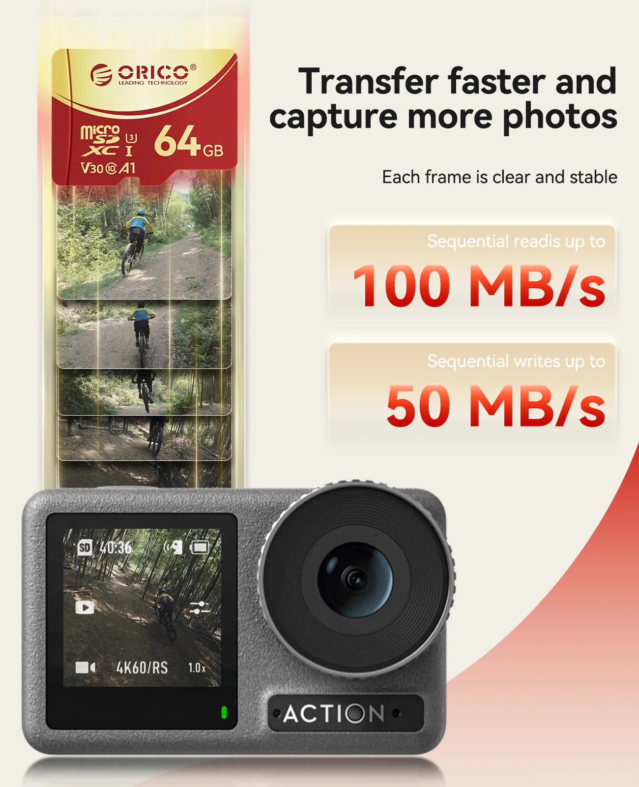 ORICO 64GB microSDXC UHS-I Memory Card, 180MB/s, 4K UHD Recoding, U3, Class10, V30, A1, Micro SD for Action Camera, Dash Cam