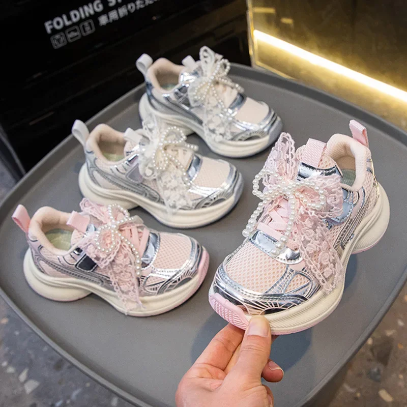 

2025 New Spring Autumn Lace Bowknot Boys White Shoes New Kids Sneakers for Girls Chunky Non-slip Children Princess Shoes