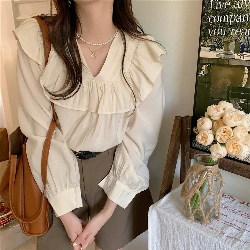 

V-neck Thin Chiffon Shirt Women Spring and Autumn New Loose Design Sense Solid Color Niche Long Sleeve Blouse Female