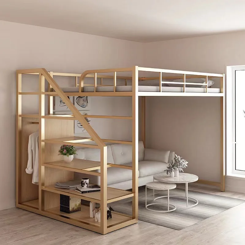 

Small apartment duplex upper bunk iron bed second-floor loft double-layer multi-functional wrought iron bed