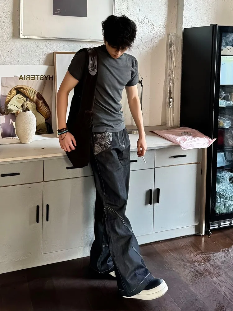 Black Original Denim Wide Leg Jeans Men's American High Street Cleanfit Pants Straight Loose Trousers Knife  Design