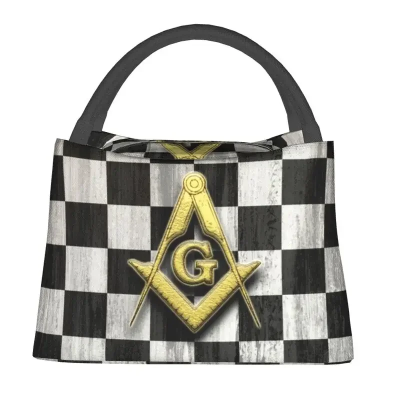 Square Compass And Checkers Masonic Portable Lunch Boxes for Women Leakproof Freemason Cooler Thermal Food Insulated  Bag