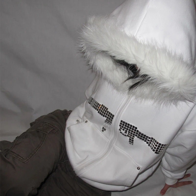 Winter Fashion Streetwear Women's White Faux Fur Hooded Jacket With Sequin Gun Print Trendy Y2K Edgy Zip-Up Sweatshirt 2025 New