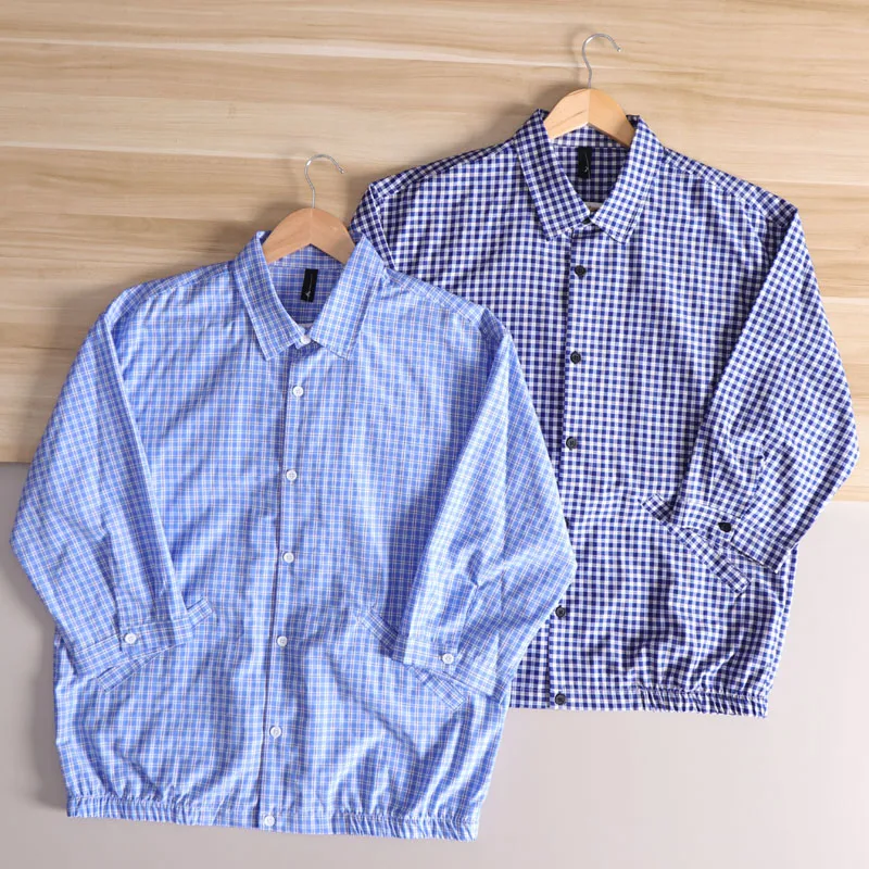 

Retro Blue Plaid Loose Fit Men's irt Spring Summer New Sle Versatile Faionable Seven Quarter Sve Button up