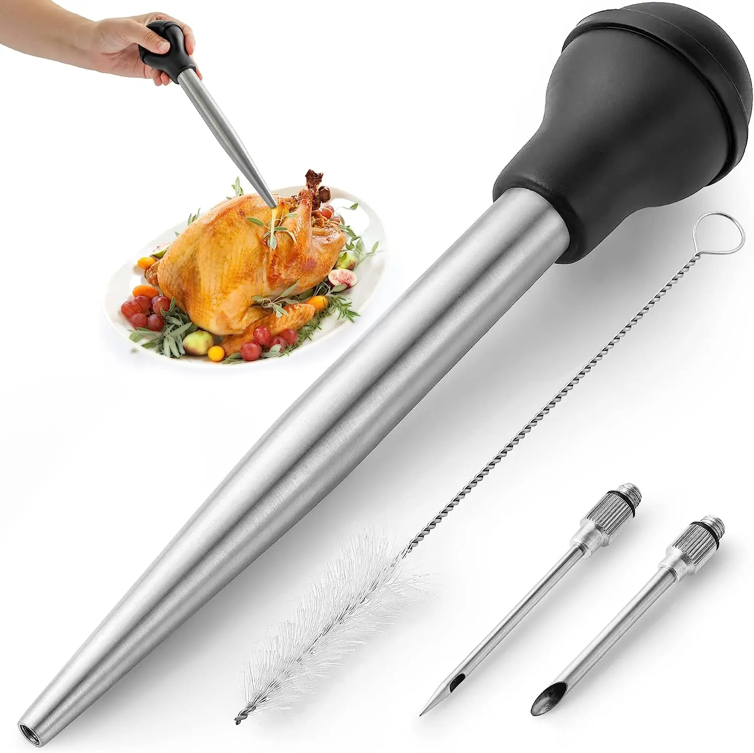 Stainless Steel Turkey Baster Syringe Rubber Bulb Manual Pump Injector With Needle And Cleaning Brush Bbq Seasoning Tool