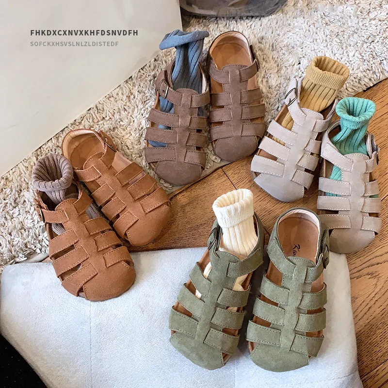 

Children's Korean Edition Summer Frosted Genuine Leather Baotou Sandals Boys Roman Beach Shoes Girls Retro British Bean Shoes