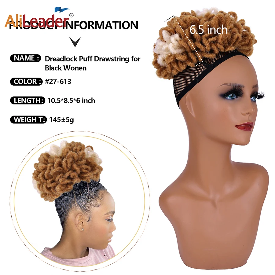 Synthetic Afro Hairpiece Dreadlock Afro Ponytail High Afro Puff Drawstring Ponytail Faux Loc Bun Crochet Braided Clip-In Hair