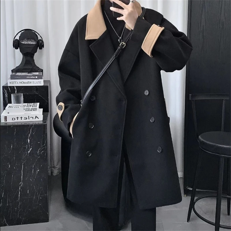 Black Woolen Coat Men Autumn Winter Long Coats Casual Turn Down Collar Outerwear Korean High Street Coats Men 2023