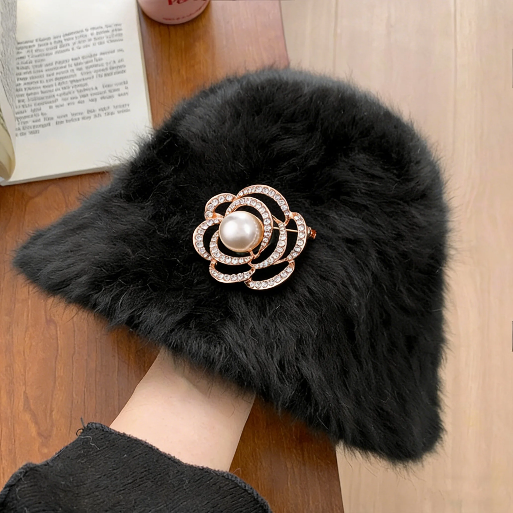 

2026 New Women's Faux Rabbit Fur Bucket Hat, Elegant Rhinestone Brooch Embellished Warm Sparkling Crystal Fisherman Cap