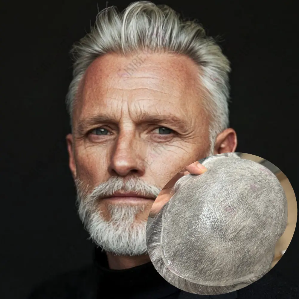 

Парик для мужчин, натуральная линия волос, ультратонкая кожа, 0,02 мм, система замены человеческих волос Vloop, серый, черный мужской капиллярный протез