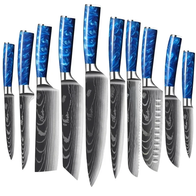 Kitchen Knives Set Blue Resin Handle Laser Damascus Blade Chef Knives Fish Meat Cleaver Slicing Knives Japanese Knife Sets