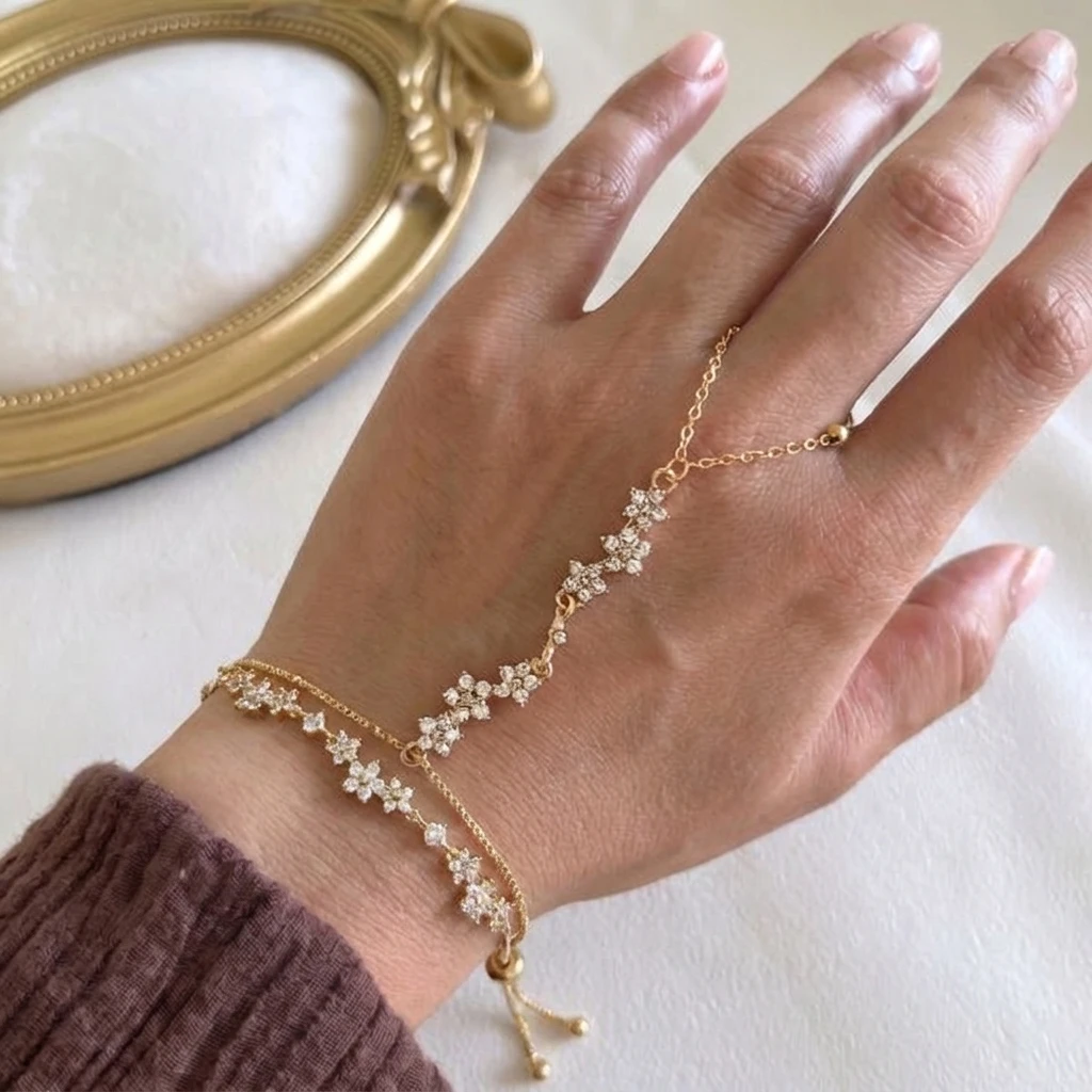 Luxurious Fashion Sakura Adjustable Drawstring Finger Chain Bracelet Set for Women Versatile Design Stackable Party Jewelry Gift