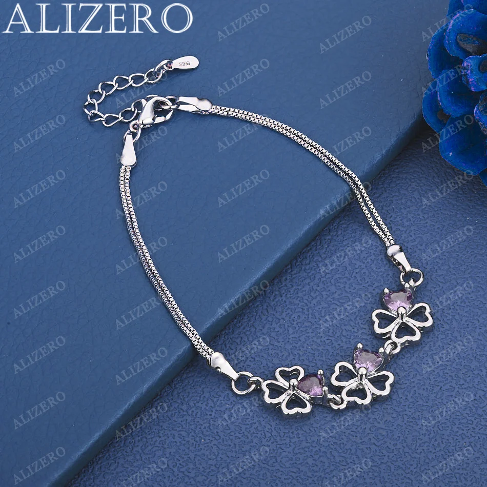

ALIZERO 925 Sterling Silver Purple Zircons Lucky Clover Bracelets Fashion Party Wedding Accessories Jewelry Gifts