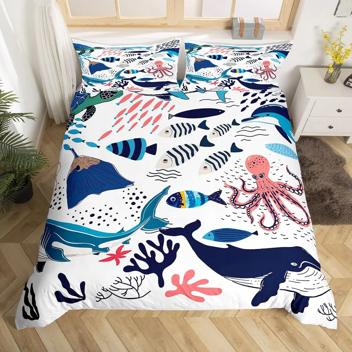 Sea Whale Bedding Set Queen Size,Nautical Anchor Ship Rudder Plaid Duvet Cover Set for Children Adult,Navy Blue Ocean Geometric